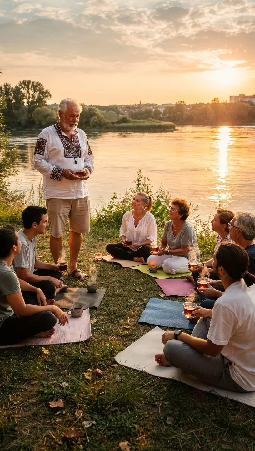 Kézben tartott teáscsésze mellett látható egy nyújtó gyakorlatot végző ember, hangsúlyozva a mozgás és a relaxáció összekapcsolását.
