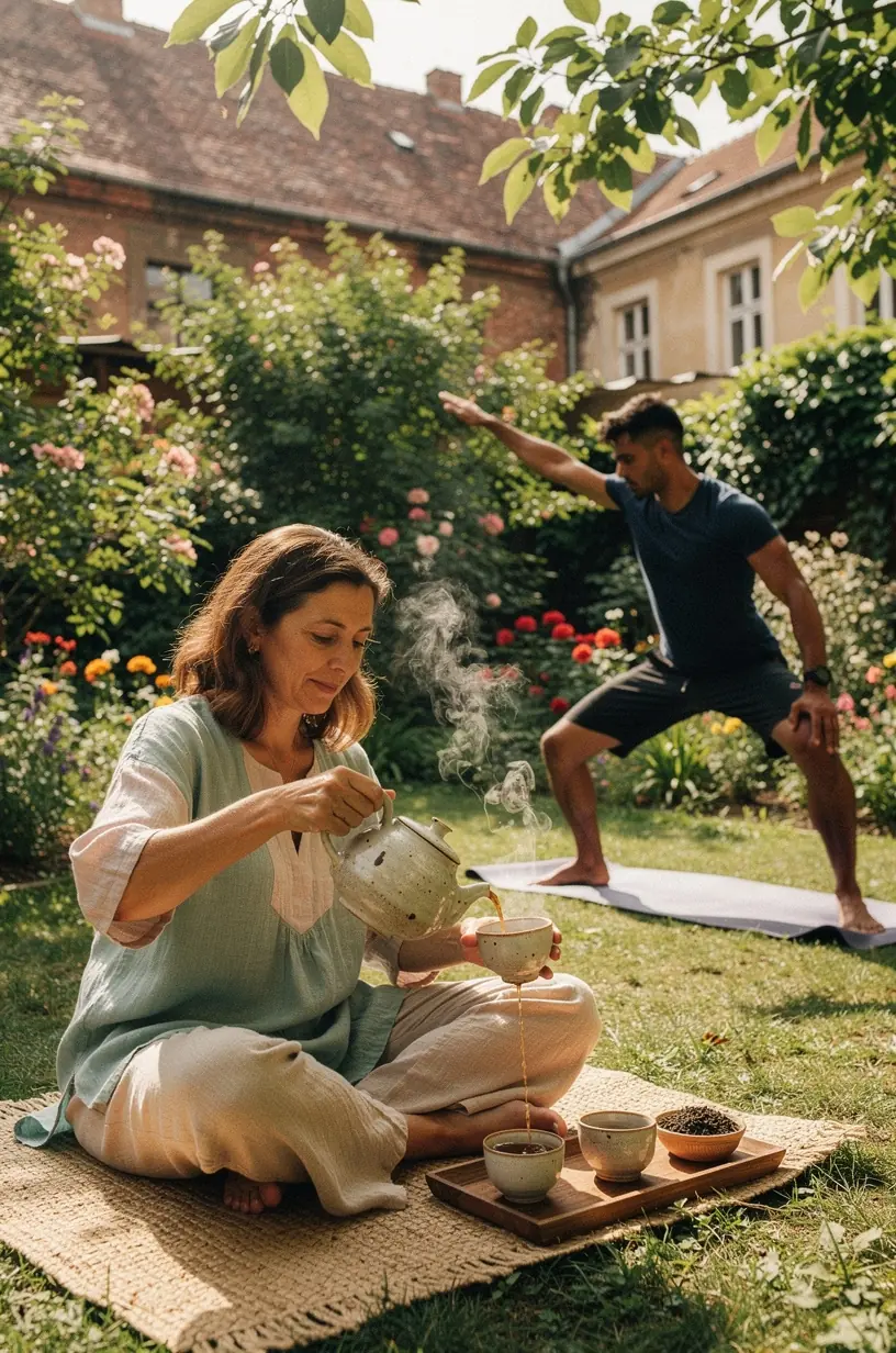 Részletes illusztráció a közös egészség megőrzéséhez ajánlott könnyű mozgásformákról, teázás közbeni végrehajtással.