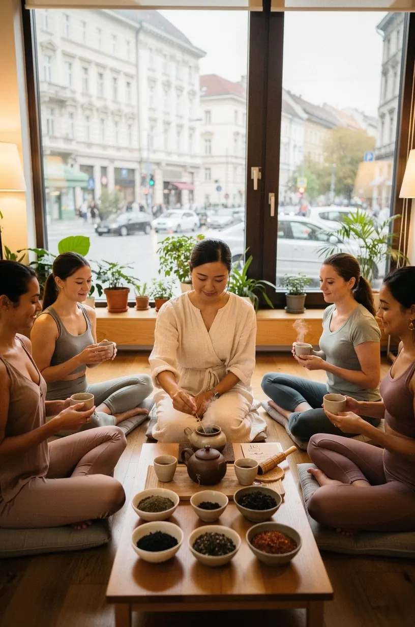 Nyugodt otthoni környezet, ahol egy fiatal nő teát készít és közben finom, ízületkímélő mozdulatokat végez a napi rutin részeként.