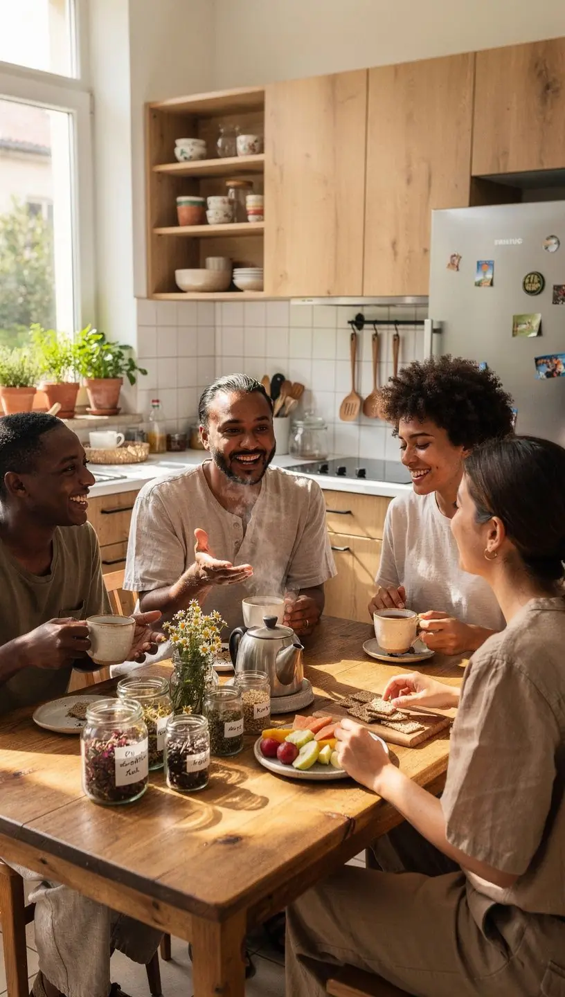 Friss zöld tea csésze, mellette jóga matrac és kényelmes sportruházat, a mindennapi mozgás ösztönzésére.